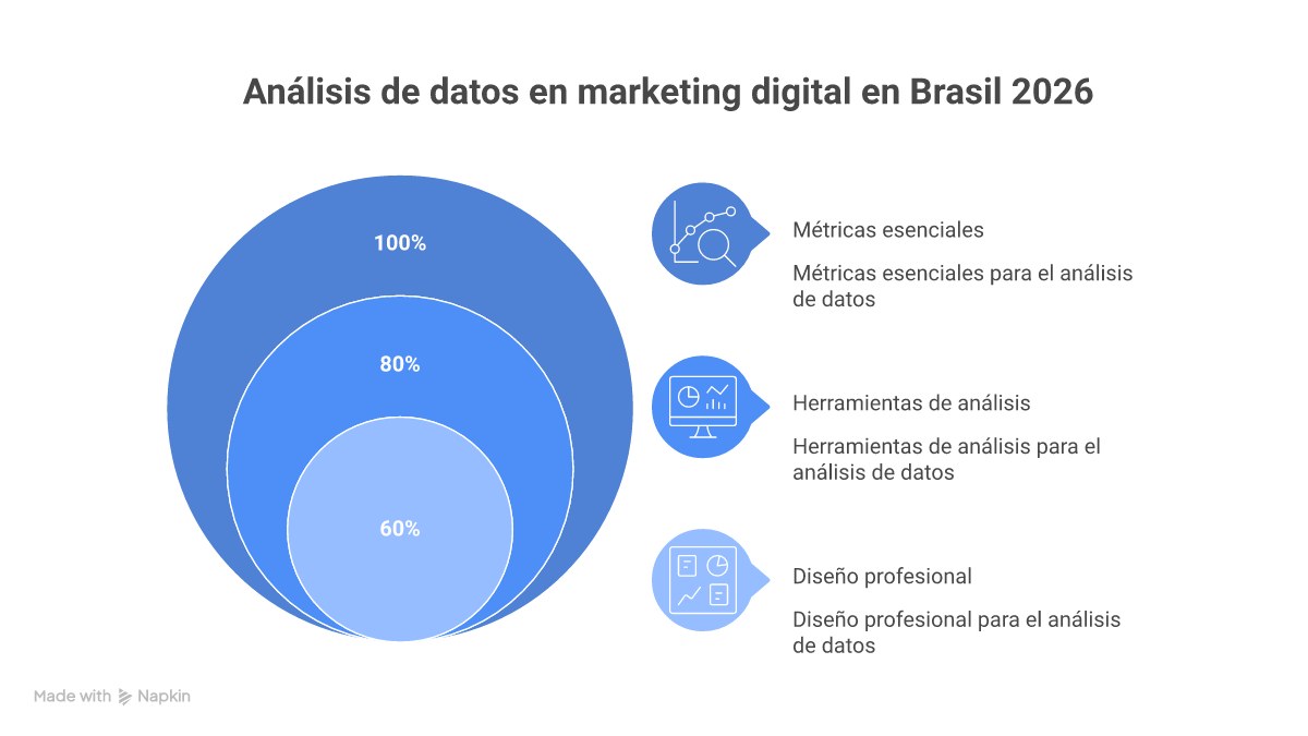 Infográfico mostrando o ecossistema da análise de dados em marketing digital no Brasil, incluindo métricas chave como CAC e LTV, ferramentas como GA4 e Power BI, e os passos para uma cultura data-driven.
