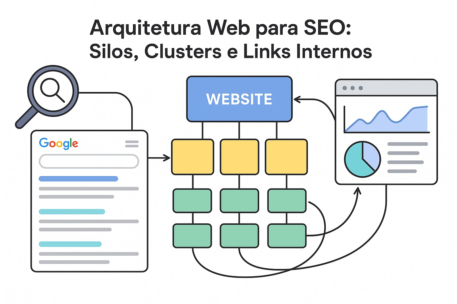 Diagrama de arquitetura web otimizada para SEO: hierarquia de páginas, links internos e estrutura de silos