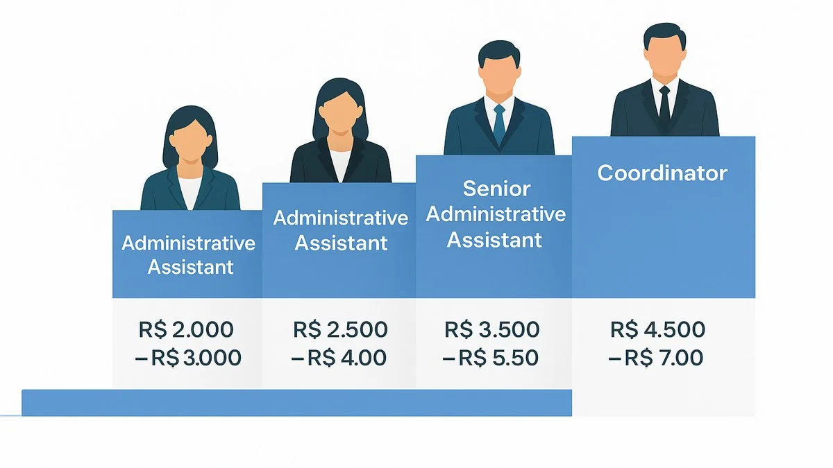 Infográfico com roteiro de carreira de assistente administrativo no Brasil: salários por nível, setores e certificações recomendadas