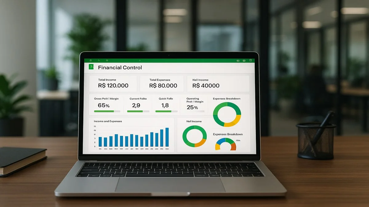 Tela de planilha Excel com controle financeiro e dashboard de indicadores para assistente administrativo