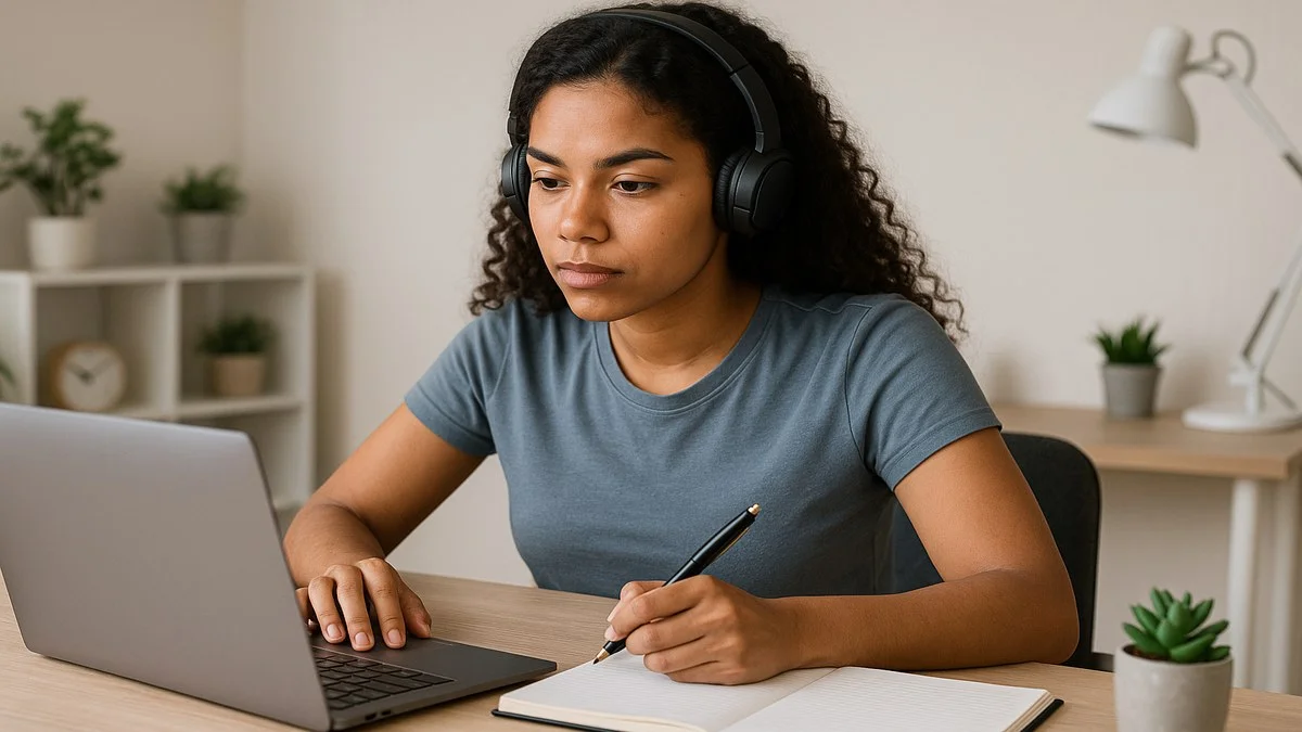 Estudante fazendo curso online de assistente administrativo com fone de ouvido e caderno de anotações