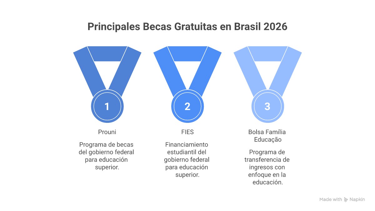 Infográfico com 5 passos para conseguir uma bolsa de estudos no Brasil: Pesquisa, Preparação para o ENEM, Inscrição, Documentação e Matrícula.