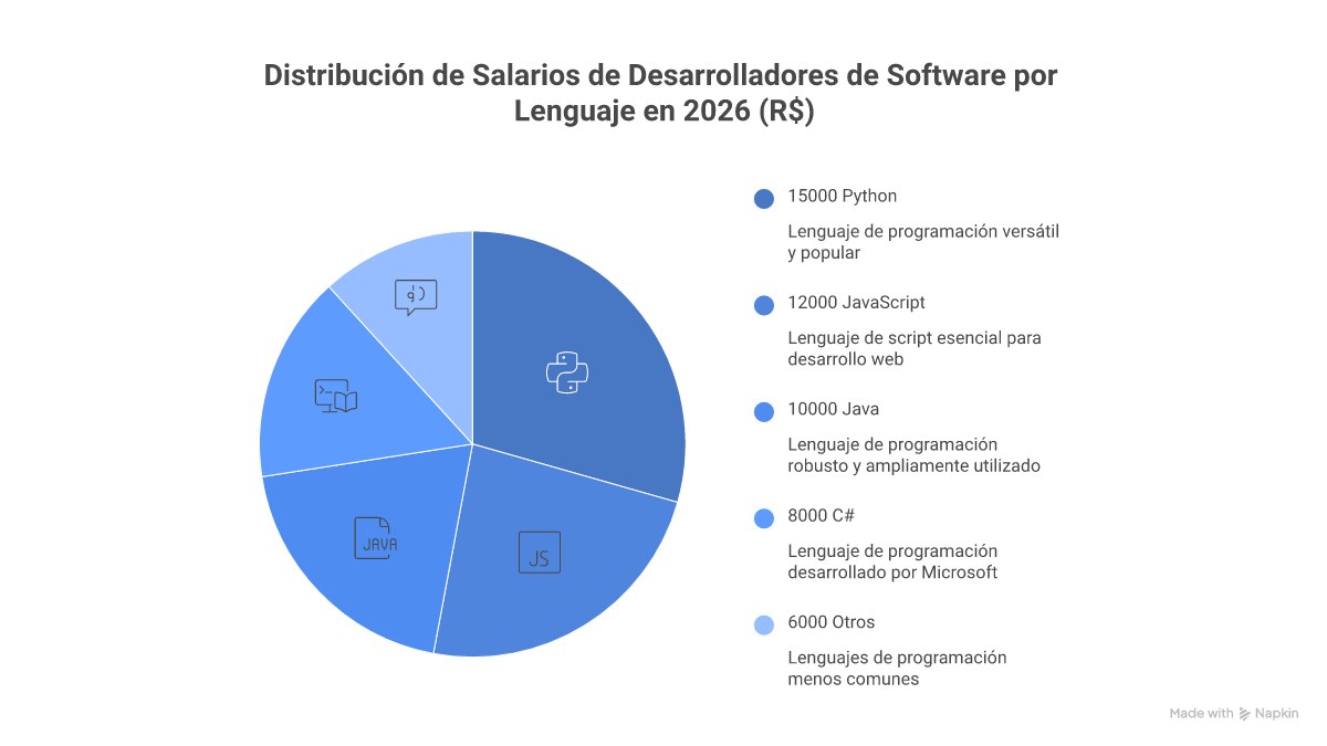 Infográfico mostrando os principais fatores que influenciam o salário de um desenvolvedor no Brasil, como senioridade, tecnologia, localização e tipo de empresa, com ícones e faixas salariais médias.