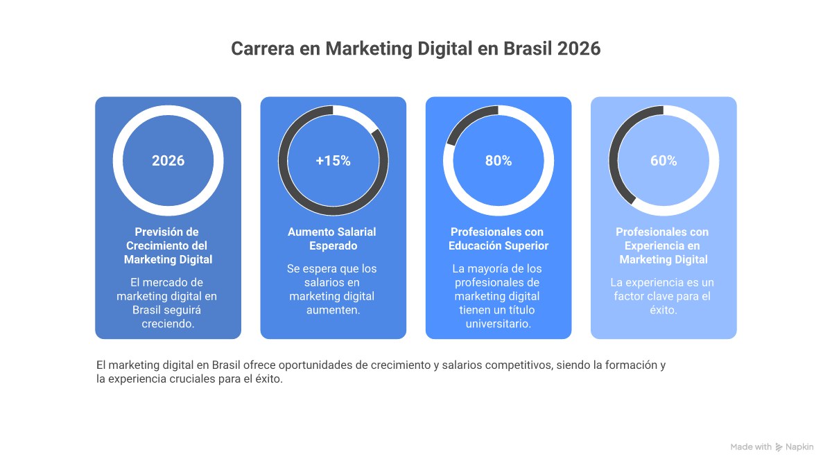 Infográfico mostrando as principais áreas de atuação em marketing digital no Brasil, como SEO, Mídia Paga, Conteúdo e Dados, com ícones representativos de cada uma e as soft skills no centro, conectando todas as áreas.