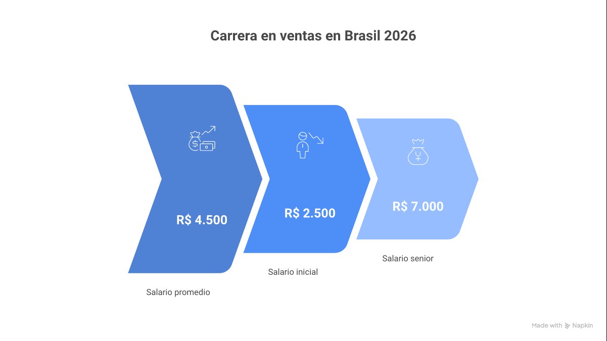 Infográfico mostrando a jornada de carreira em vendas no Brasil, começando como SDR, progredindo para Executivo de Contas, Gerente de Vendas e, finalmente, Diretor de Vendas, com as principais habilidades e salários médios em cada etapa.