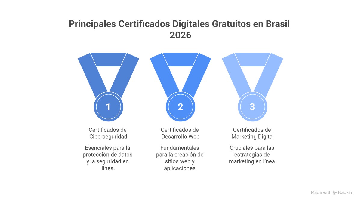 Infográfico destacando as áreas com maior demanda por certificados digitais em 2026, como Tecnologia (Cloud, IA), Gestão (Sebrae, FGV) e Marketing Digital (Google, HubSpot), e o potencial de aumento salarial.