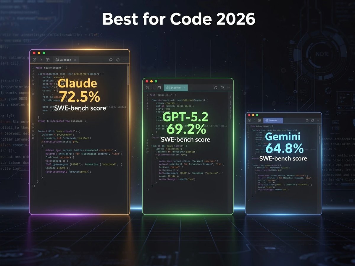 Melhor para Código 2026 - pontuações SWE-bench: Claude 72.5%, GPT-5.2 69.2%, Gemini 64.8%