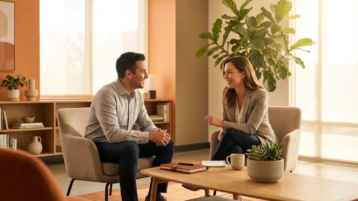 Sessão de coaching ontológico com coach e coachee em conversa profunda