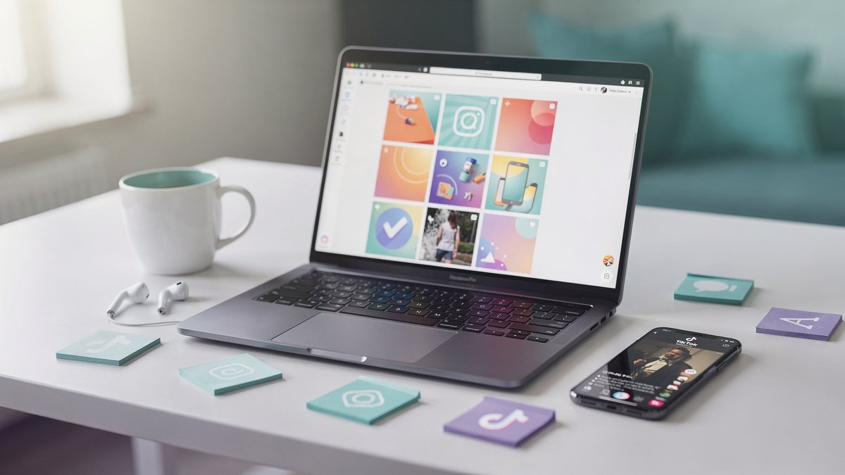 Community Manager profissional trabalhando em laptop com Instagram, redes sociais e ferramentas digitais