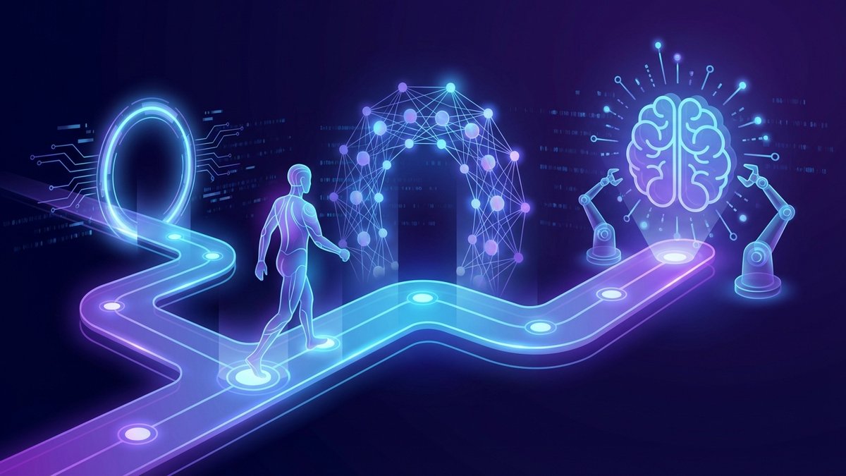 Ilustração conceitual de uma rota de aprendizado por etapas para aprender Inteligência Artificial do zero.