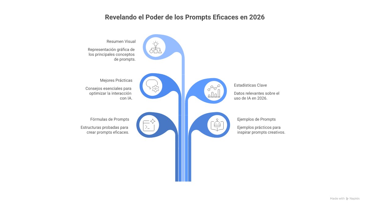 Infográfico mostrando os 5 pilares de um prompt eficaz em 2026: Contexto, Tarefa, Persona, Formato e Exemplos.