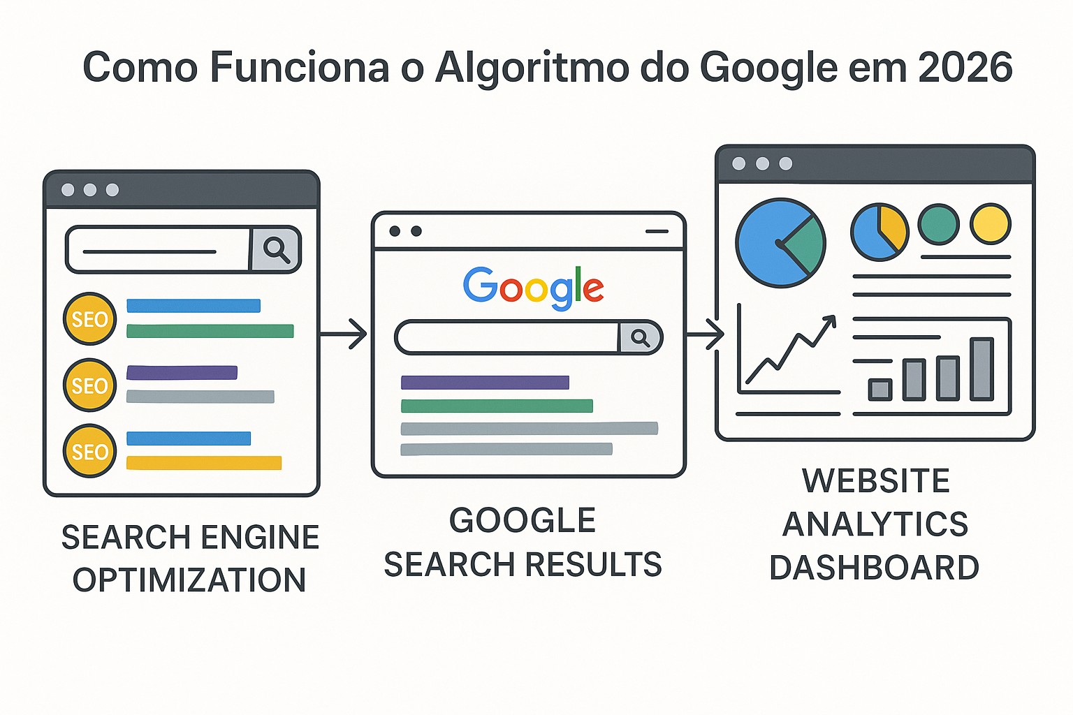 Diagrama do algoritmo do Google: rastreamento, indexação, avaliação de relevância e exibição nos resultados