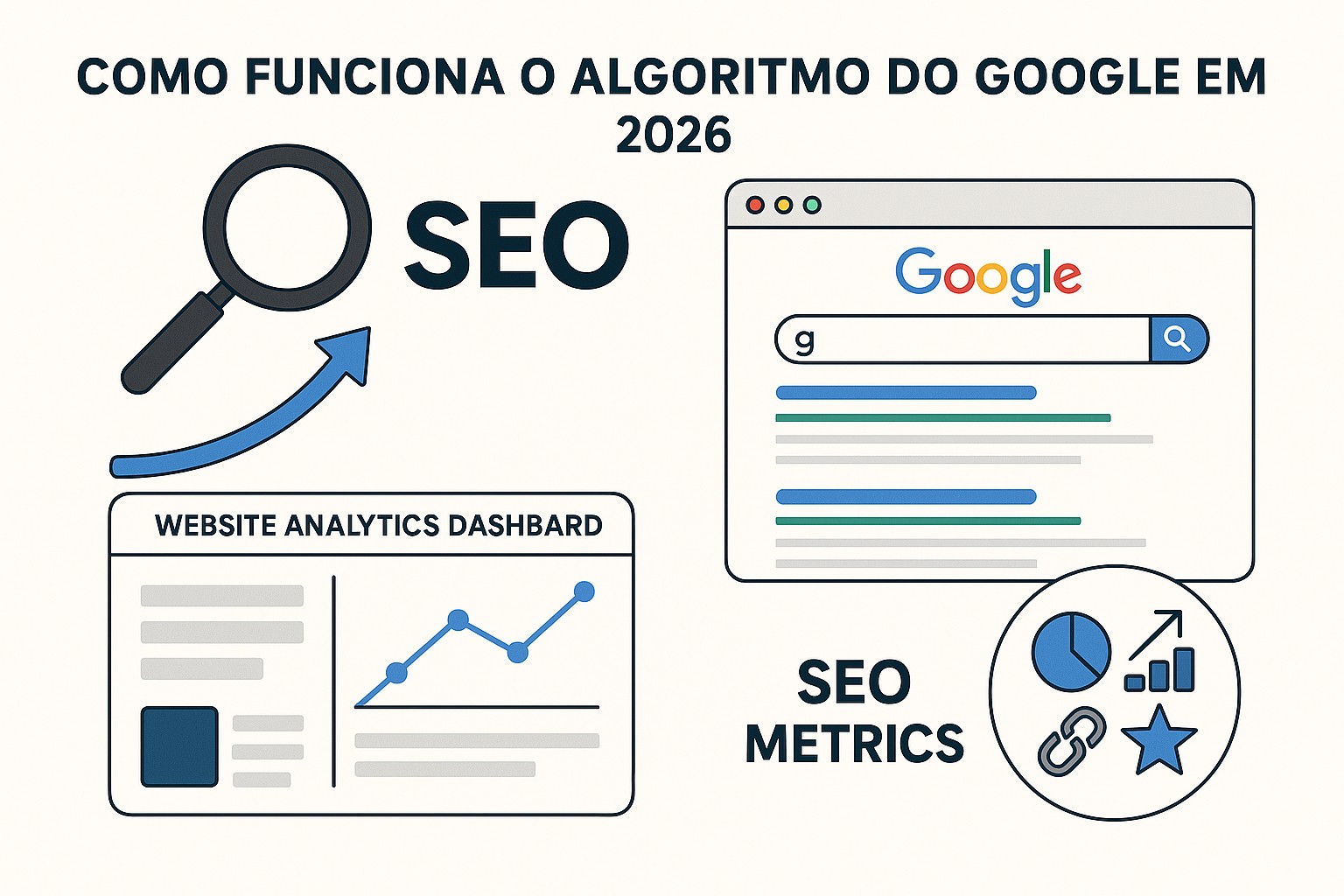 Fatores de ranking do Google: conteúdo, backlinks, experiência do usuário e sinais técnicos de qualidade
