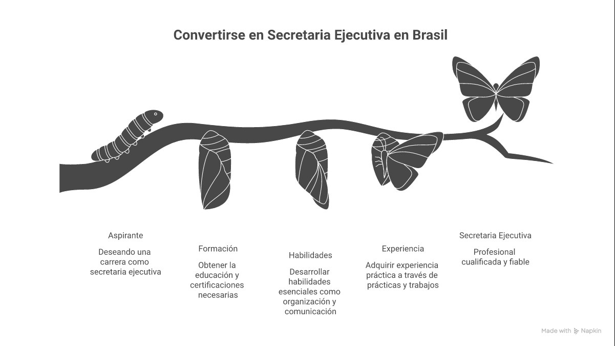 Infográfico mostrando os três pilares para ser uma secretária executiva de sucesso: Formação Acadêmica, Hard Skills como idiomas e tecnologia, e Soft Skills como comunicação e proatividade.