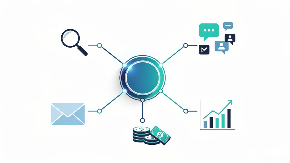 Ecossistema do marketing digital: SEO, redes sociais, email marketing, análise e publicidade digital conectados