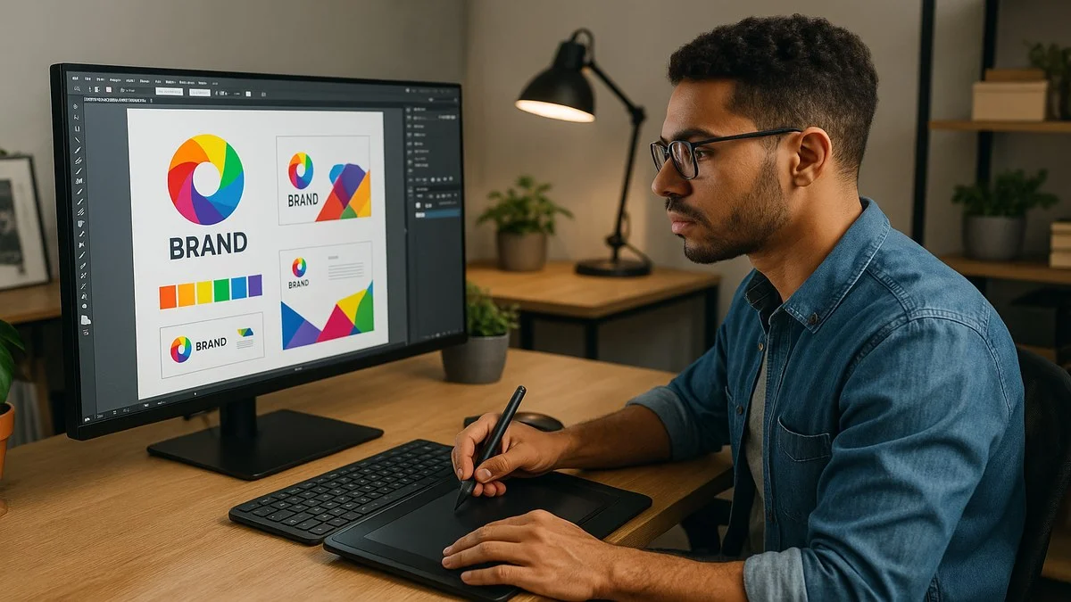 Designer gráfico brasileiro trabalhando em tablet gráfico com monitor exibindo identidade visual colorida e softwares Adobe
