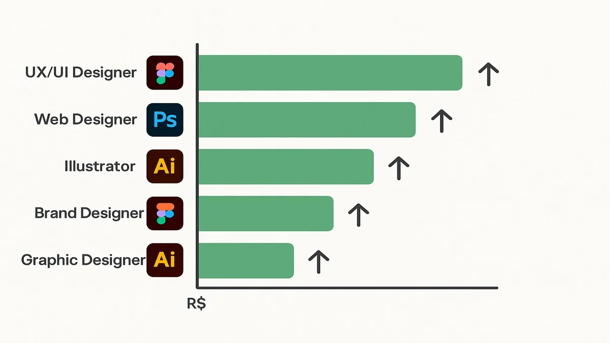 Infográfico com as 5 especializações de design gráfico no Brasil, salários CLT e freelance, ferramentas exigidas e tempo de formação