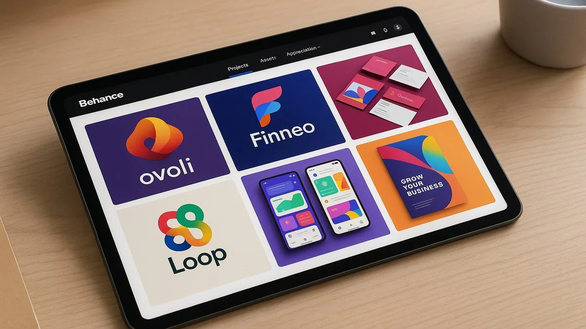 Portfólio de design no Behance exibindo projetos de identidade visual, mockups de embalagem e layouts digitais