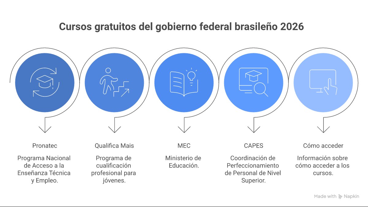 Infográfico mostrando o passo a passo para acessar os cursos gratuitos do governo federal, com ícones para cada etapa: pesquisa, inscrição, documentação e início dos estudos.