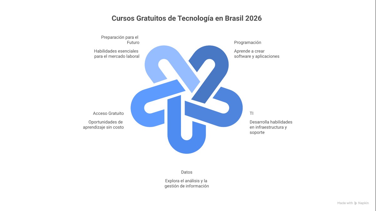Infográfico com 5 passos para iniciar uma carreira em tecnologia com cursos gratuitos: 1. Autoconhecimento e Pesquisa; 2. Escolha da Área (Programação, Dados ou TI); 3. Busca por Cursos e Criação de Cronograma; 4. Prática e Criação de Portfólio; 5. Networking e Candidatura a Vagas.