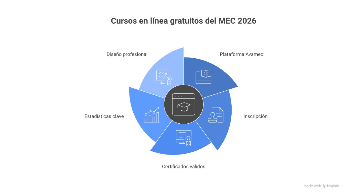 Infográfico mostrando o passo a passo para obter um certificado do MEC: 1. Cadastro no Avamec com Gov.br; 2. Escolha e inscrição no curso; 3. Estudo do conteúdo e realização das atividades; 4. Aprovação na avaliação final; 5. Emissão e download do certificado válido.