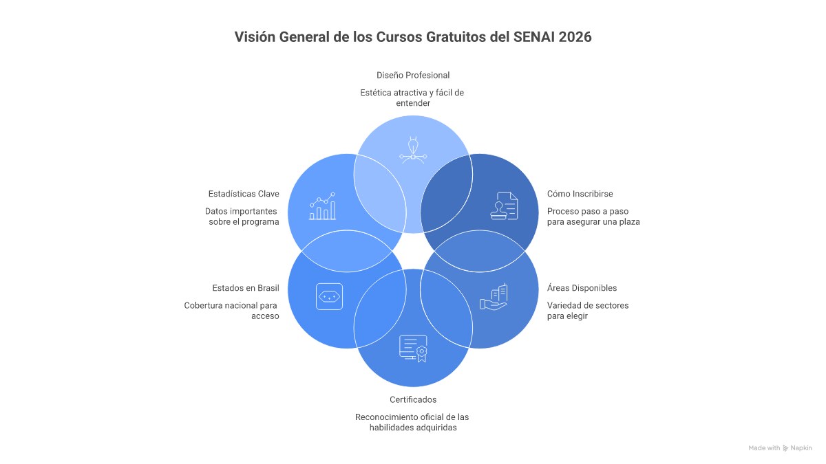 Infográfico mostrando os 7 passos para o sucesso profissional através dos cursos gratuitos do SENAI em 2026, desde a pesquisa do curso até a entrada no mercado de trabalho.
