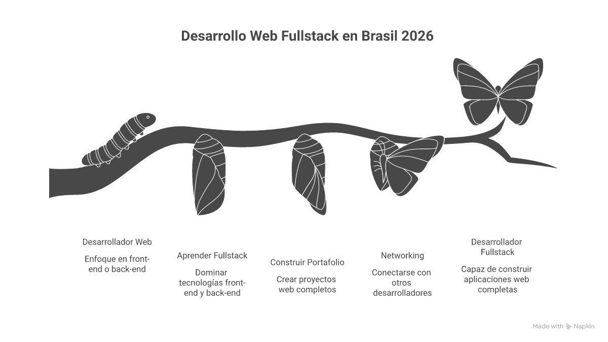 Infográfico mostrando a jornada de um desenvolvedor full-stack no Brasil, desde os fundamentos de HTML, CSS e JS, passando por frameworks de frontend como React, backend com Node.js e Python, bancos de dados SQL e NoSQL, até ferramentas de DevOps como Git e Docker.