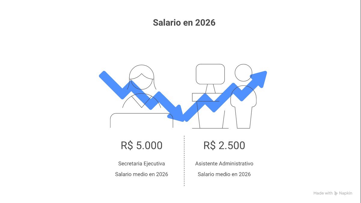 Infográfico comparando as principais diferenças entre uma Secretária Executiva e um Assistente Administrativo em termos de foco, salário médio e formação no Brasil.