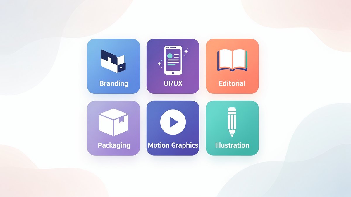 6 especialidades do design gráfico: Branding, UI/UX, Editorial, Packaging, Motion Graphics, Ilustração