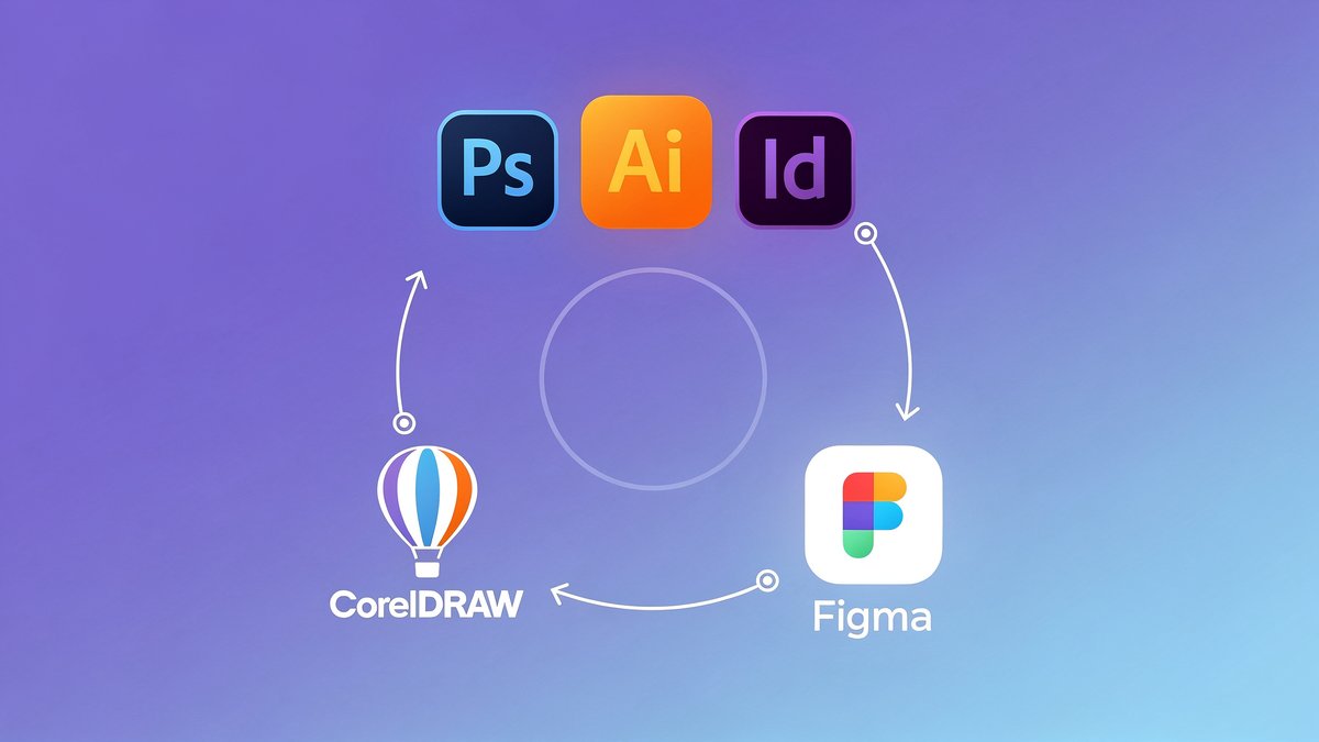 Ecossistema de software de design gráfico: Adobe Creative Cloud, CorelDRAW, Figma em diagrama circular
