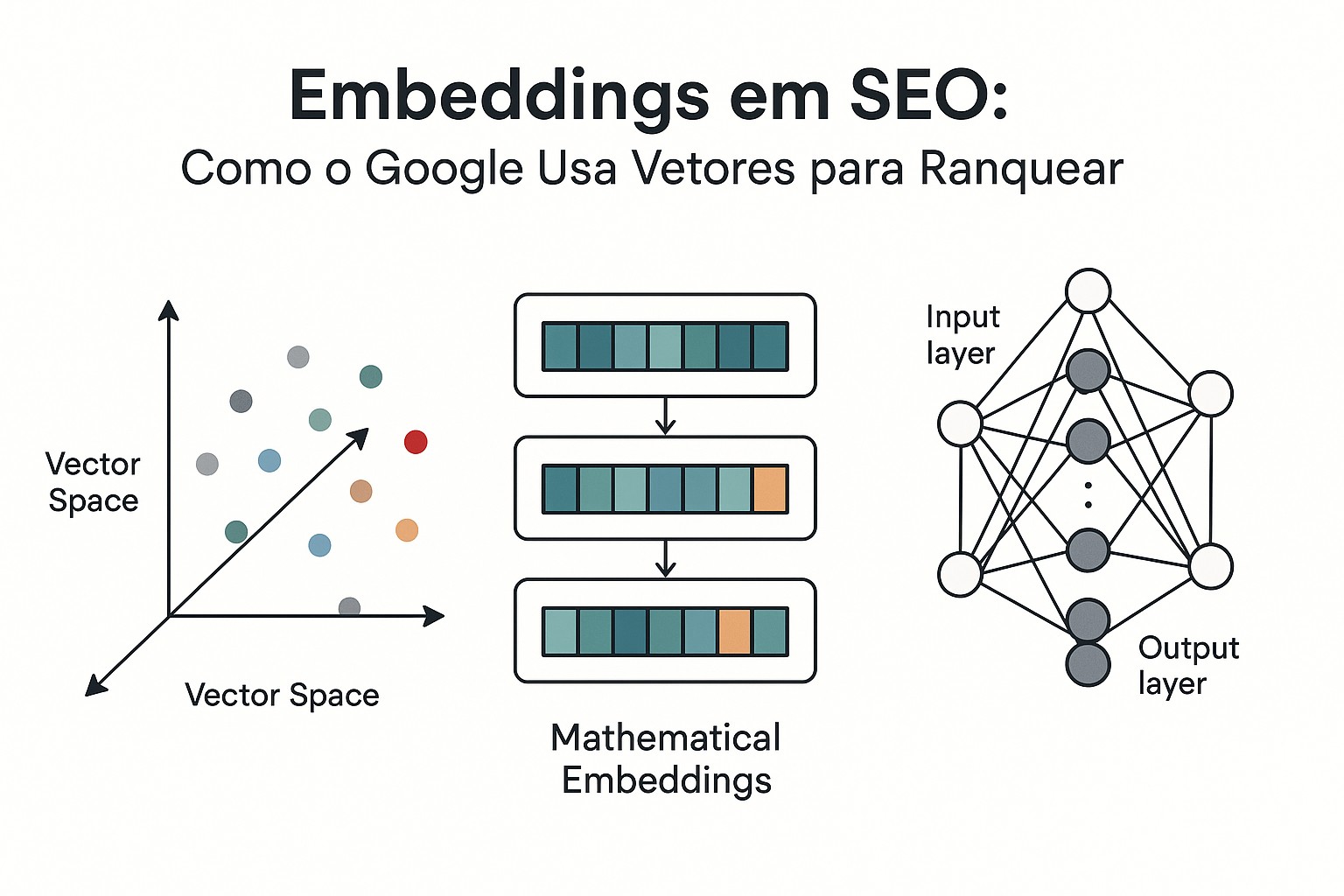 Diagrama de como o Google usa vetores para entender a relevância entre consultas e conteúdo web