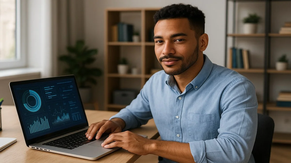 Profissional jovem trabalhando remotamente em laptop com dados e gráficos na tela — empregos tecnologia Brasil sem diploma