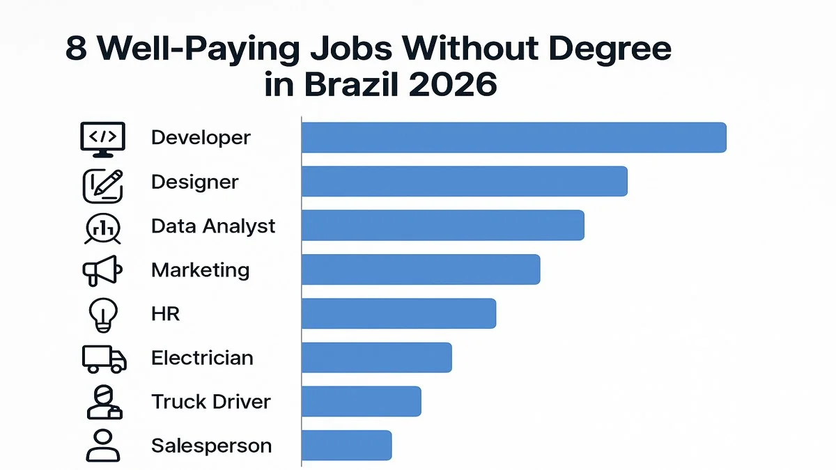 Infográfico com os 8 empregos mais bem pagos sem diploma no Brasil em 2026: salários, cursos e tempo de entrada em cada carreira