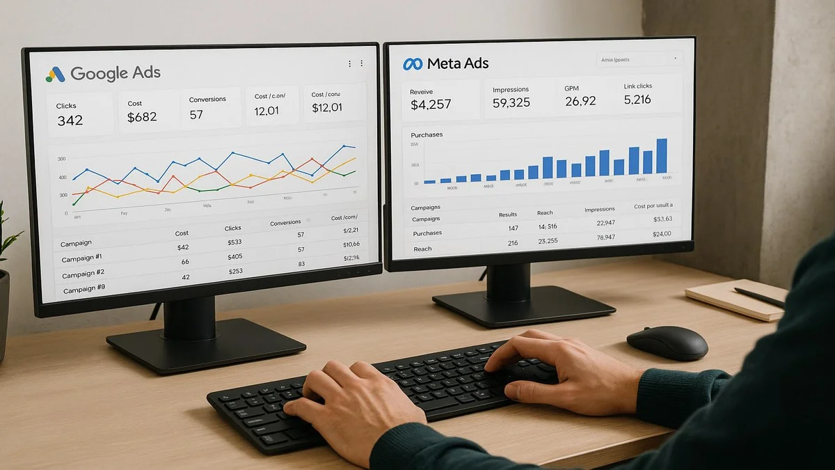 Dashboard Google Ads e Meta Ads abertos em tela dupla — especialista em tráfego pago trabalhando remotamente