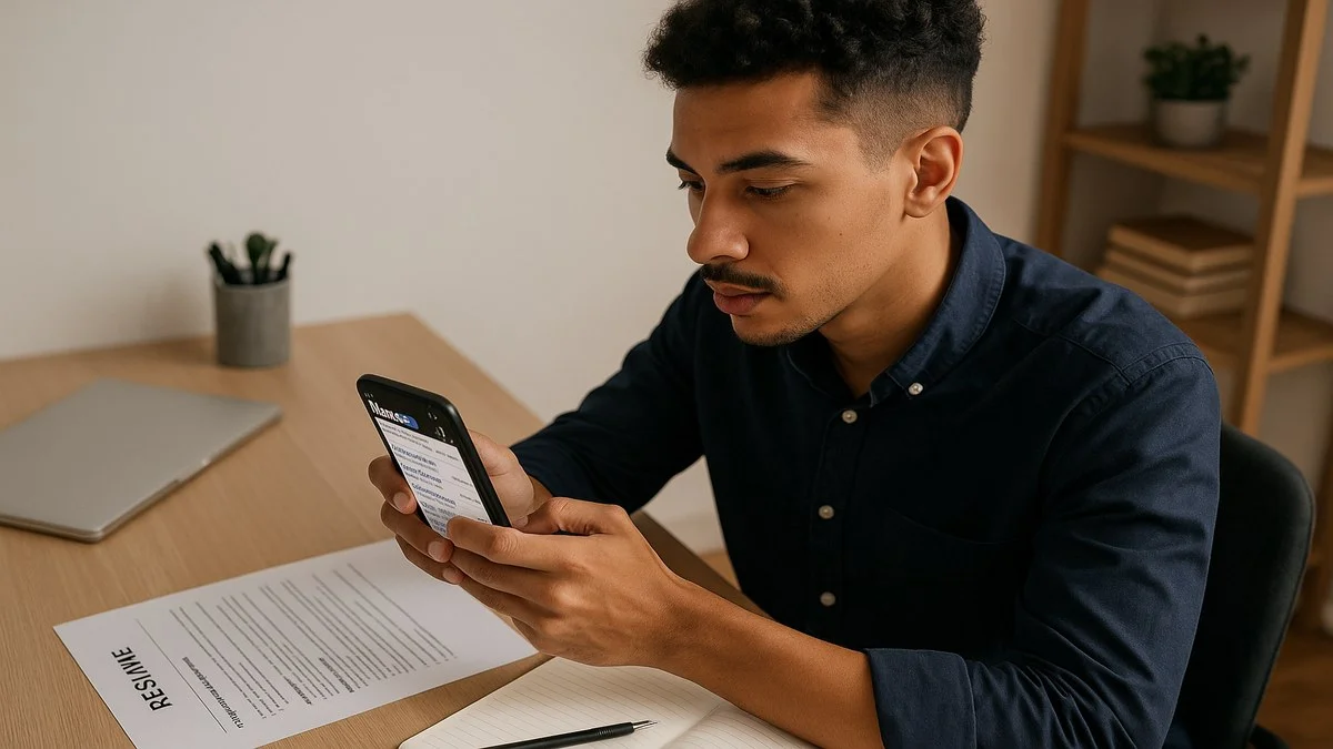 Jovem brasileiro verificando ofertas de emprego no LinkedIn no celular com currículo digital na mesa