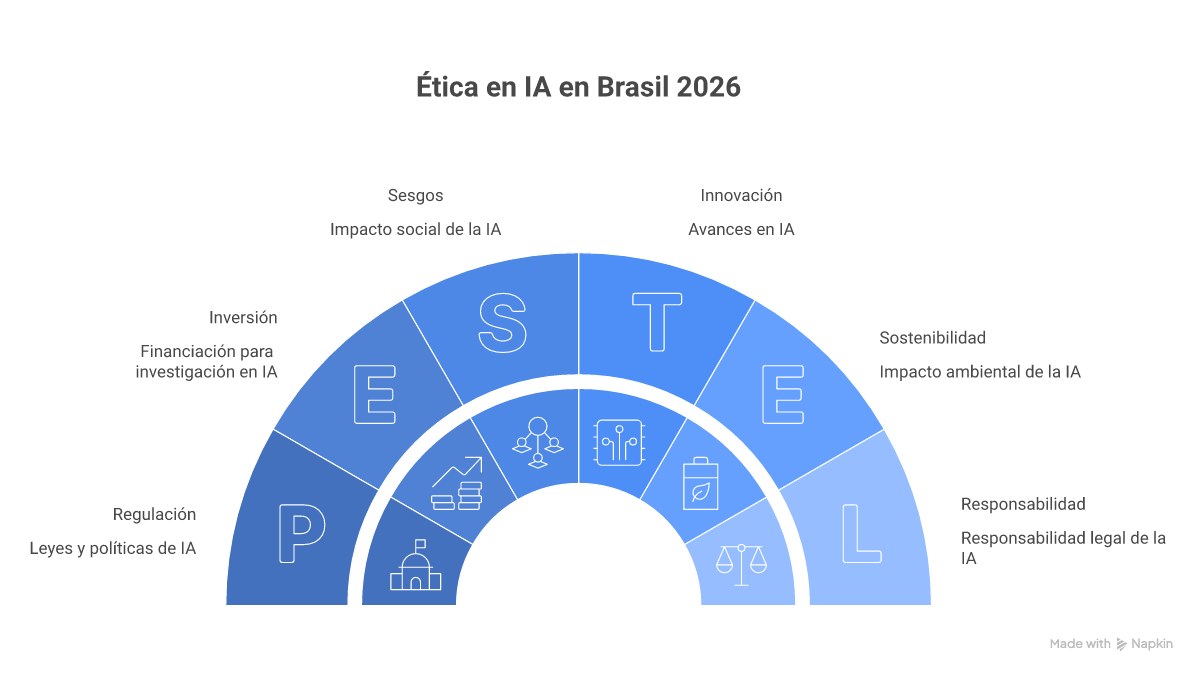 Infográfico mostrando os 5 pilares da IA ética no Brasil: Regulamentação Clara, Dados Justos, Transparência, Supervisão Humana e Responsabilidade Definida.