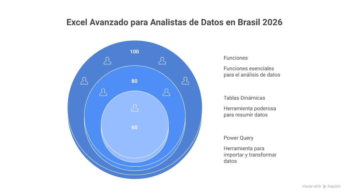 Infográfico mostrando a jornada de um analista de dados, começando com Excel básico, progredindo para Excel avançado com Power Query e Tabelas Dinâmicas, e culminando em especialização em Power BI e SQL.