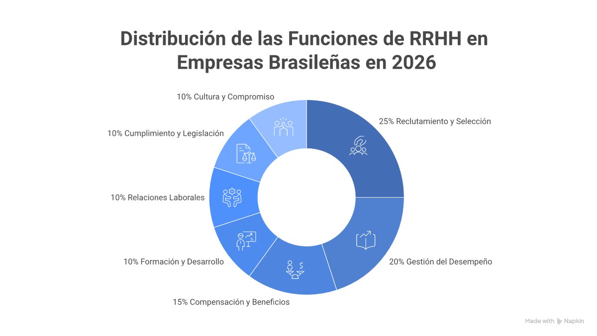 Infográfico mostrando as 7 principais funções do RH numa empresa brasileira: Recrutamento, Departamento Pessoal, T&D, Remuneração, Cultura, SST e Business Partner.