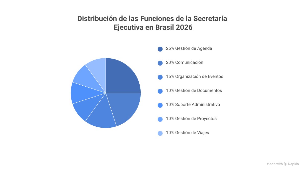 Infográfico mostrando as 5 principais funções da secretaria executiva no Brasil: Gestão Estratégica, Comunicação, Logística, Finanças e Relacionamento Interpessoal.