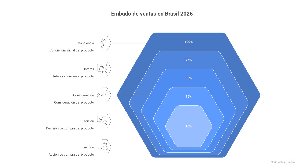Infográfico mostrando as três etapas do funil de vendas (Topo, Meio e Fundo) com as estratégias e ferramentas para cada uma no mercado brasileiro.
