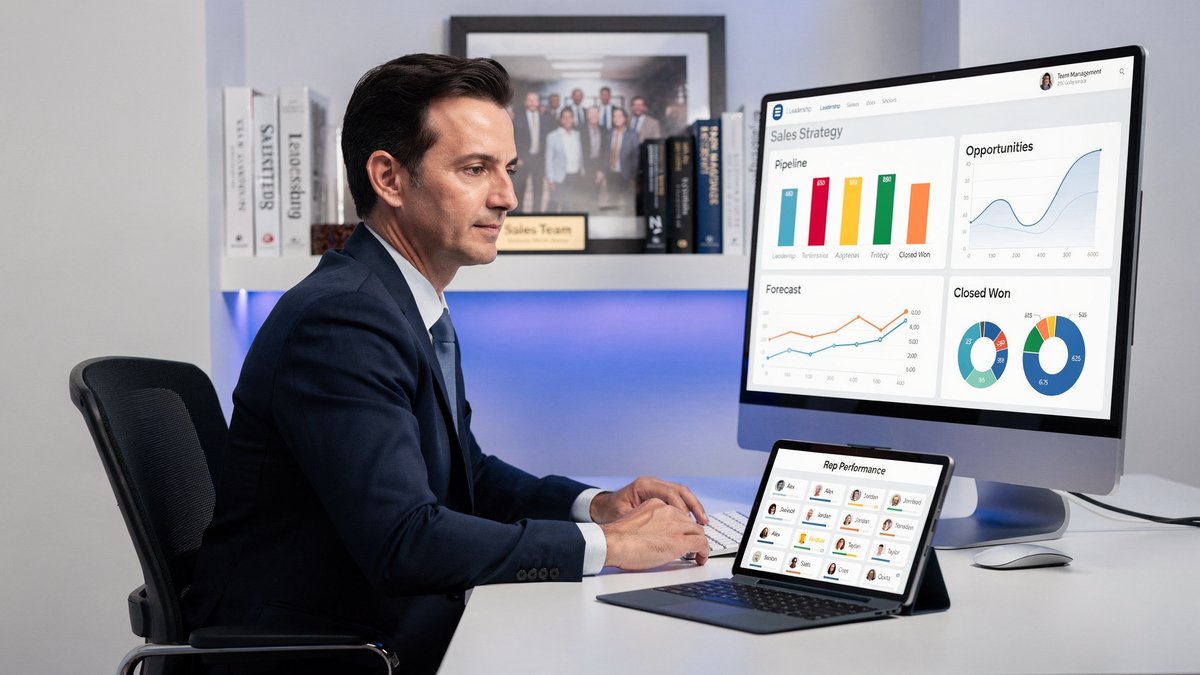 Gerente de vendas liderando equipe comercial e revisando KPIs