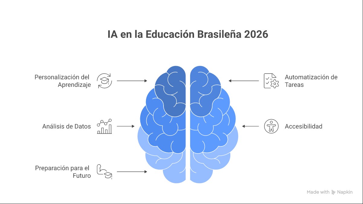 Infográfico com ícones mostrando as 5 principais aplicações da IA na educação brasileira: Aprendizagem Personalizada, Tutoria Inteligente, Automação para Professores, Gestão Escolar Preditiva e Ferramentas de Acessibilidade.