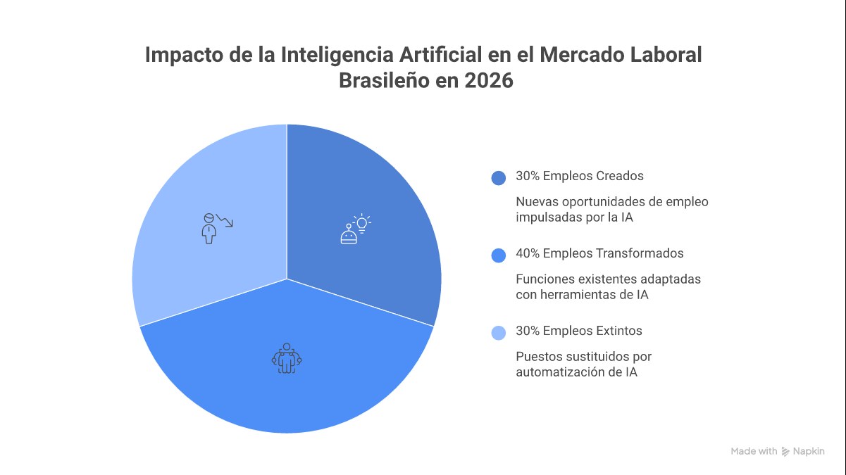 Infográfico mostrando a divisão de empregos no Brasil em 2026: uma pequena fatia de empregos extintos, uma grande fatia de empregos transformados e uma fatia crescente de novos empregos criados pela Inteligência Artificial.