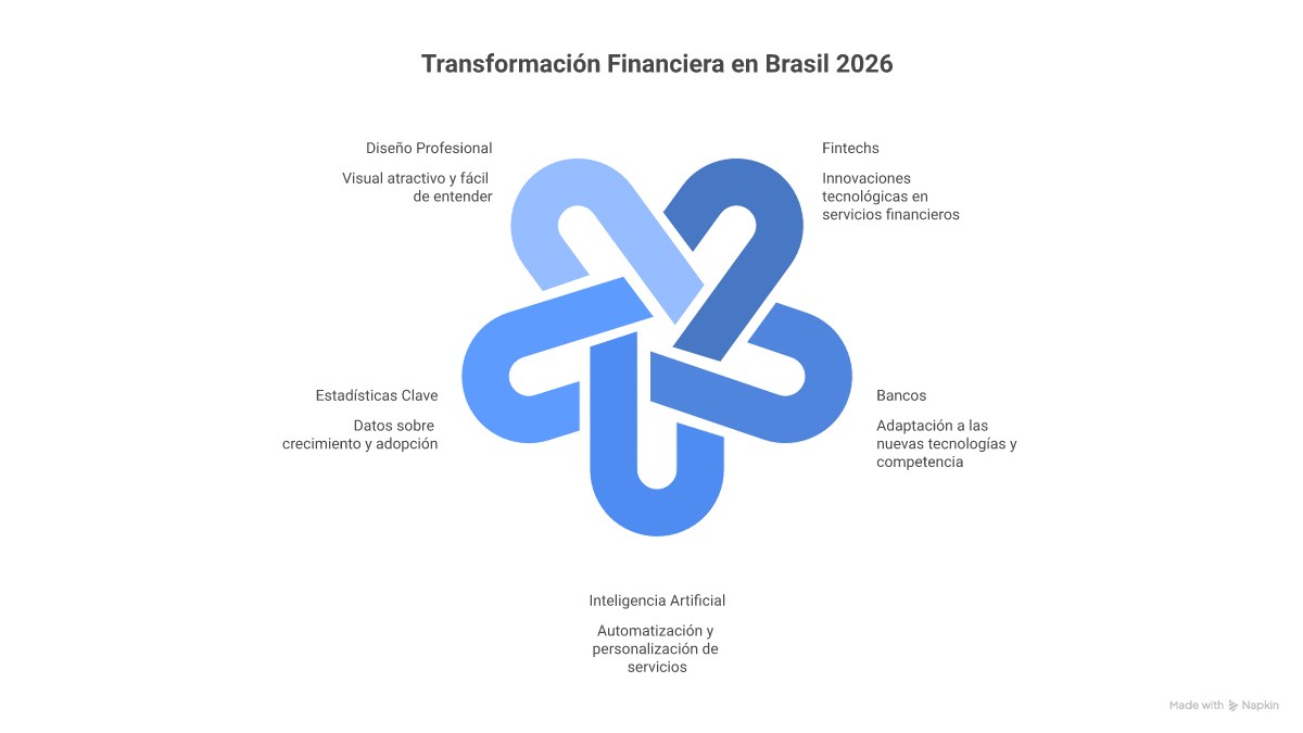 Infográfico mostrando as principais aplicações de IA no setor financeiro brasileiro, como análise de crédito, detecção de fraudes, atendimento ao cliente e o impacto futuro da IA generativa.