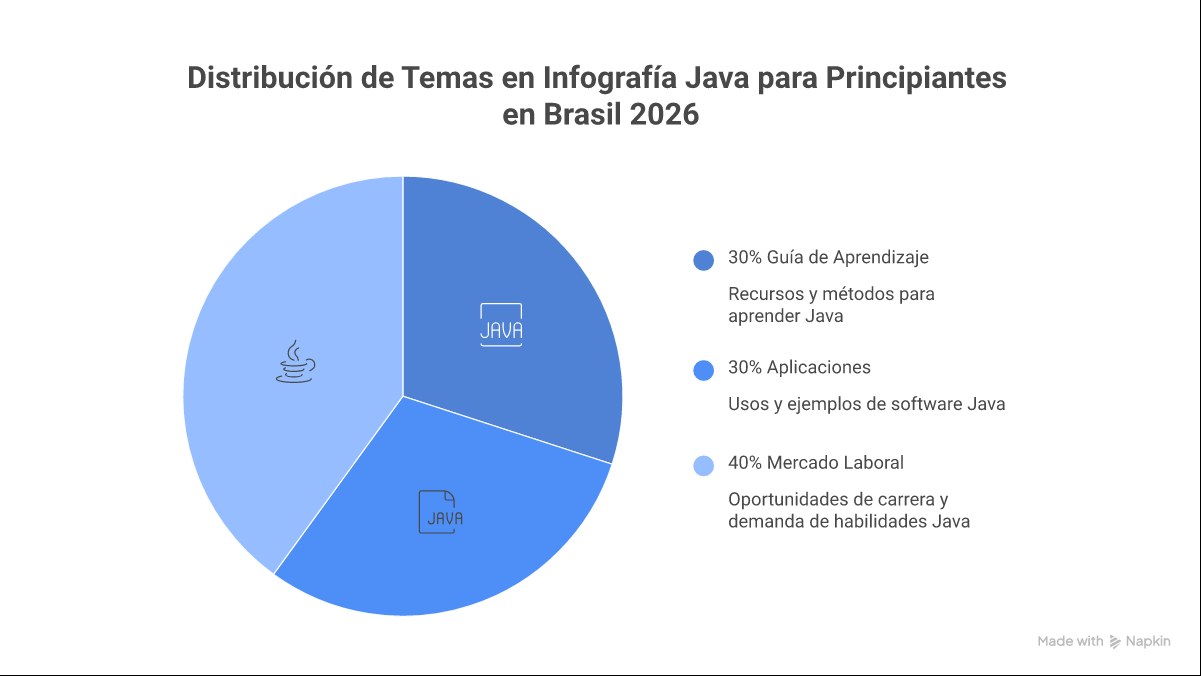 Infográfico mostrando o caminho para se tornar um desenvolvedor Java no Brasil em 2026, incluindo os passos: Fundamentos da Lógica, Ambiente Java (JDK), Sintaxe e POO, Collections, Spring Boot e o mercado de trabalho com altos salários.