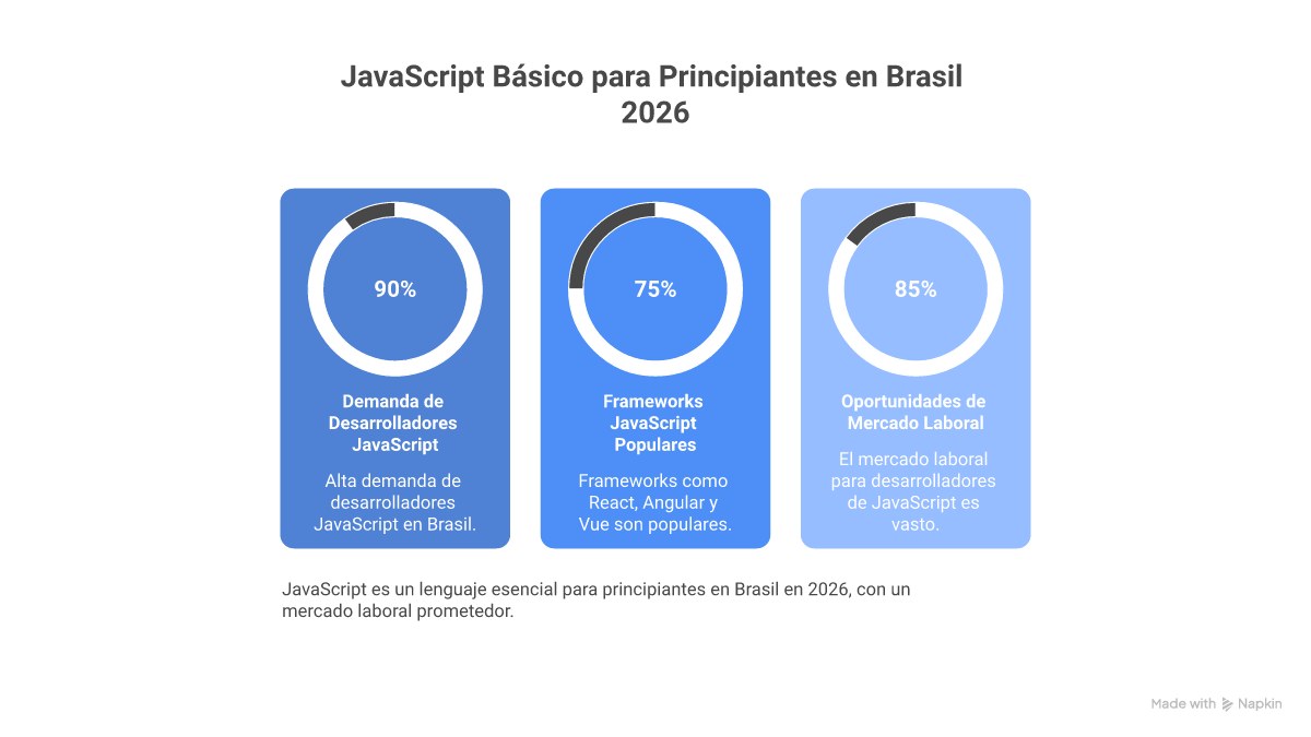 Infográfico mostrando a trilha de carreira de um desenvolvedor JavaScript no Brasil em 2026, começando com os fundamentos, passando por frameworks como React e Node.js, e culminando em especializações com as respectivas faixas salariais.
