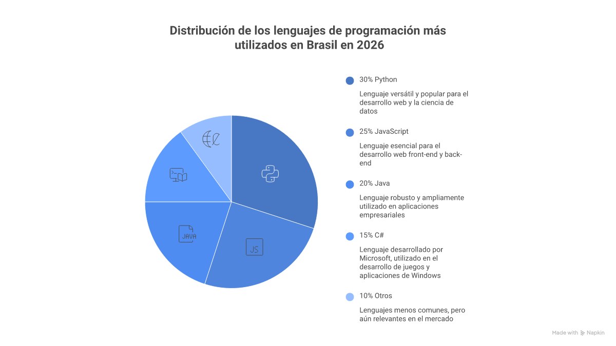 Infográfico mostrando o ranking das linguagens de programação mais usadas no Brasil em 2026, com ícones para Python, JavaScript/TS, Java, Go, Kotlin, C# e Rust.