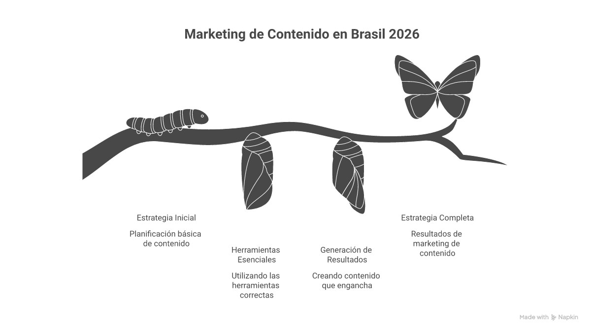 Infográfico com 8 ícones representando os passos para criar uma estratégia de marketing de conteúdo: Objetivos, Persona, Jornada, Palavras-chave, Calendário, Produção, Distribuição e Análise.