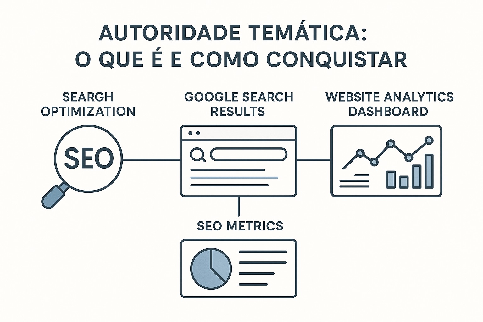 Diagrama de autoridade temática em SEO: cobertura de tópicos, profundidade de conteúdo e sinais de relevância