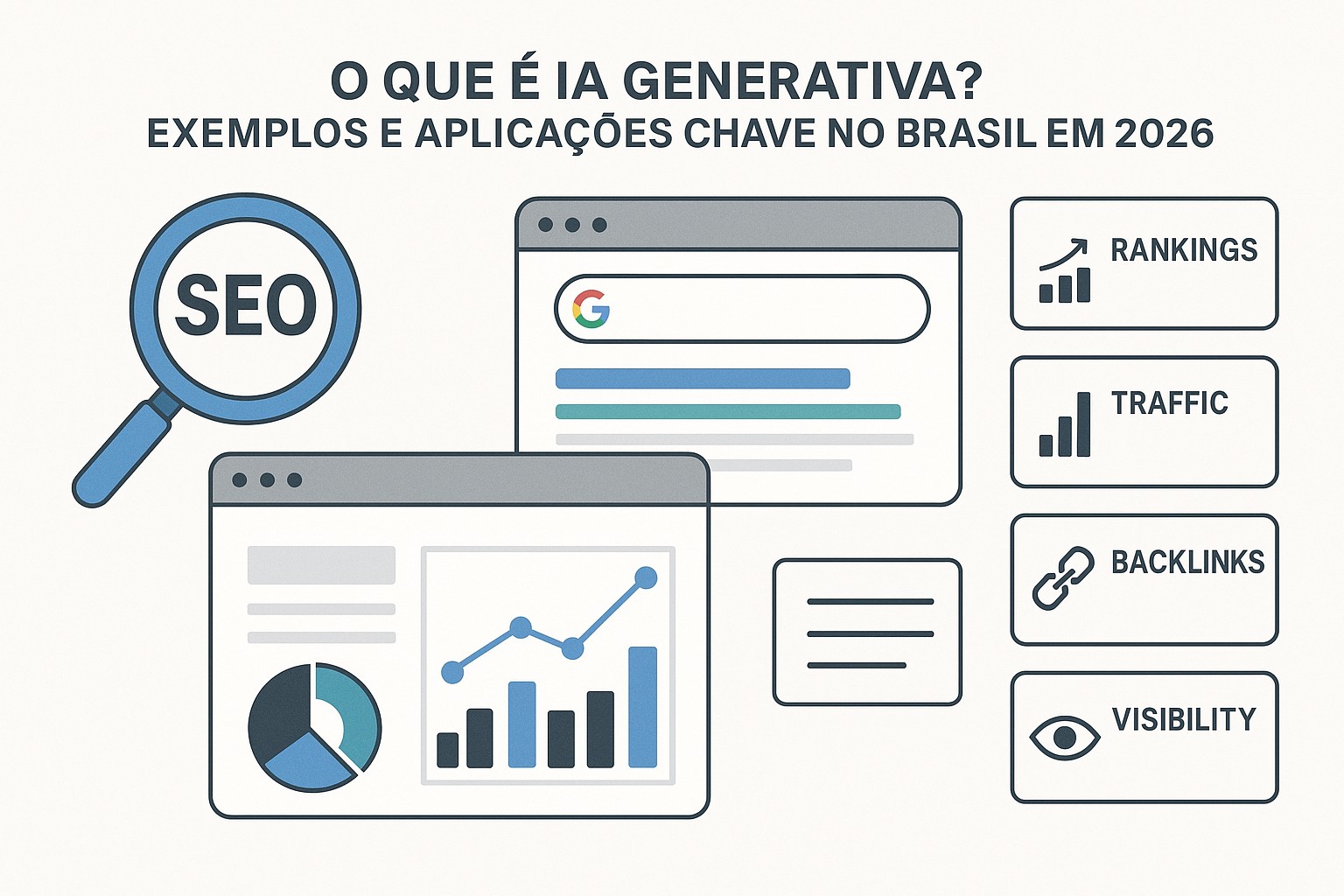 Exemplos visuais de IA generativa no Brasil: texto gerado, imagens criadas por IA e áudio sintetizado